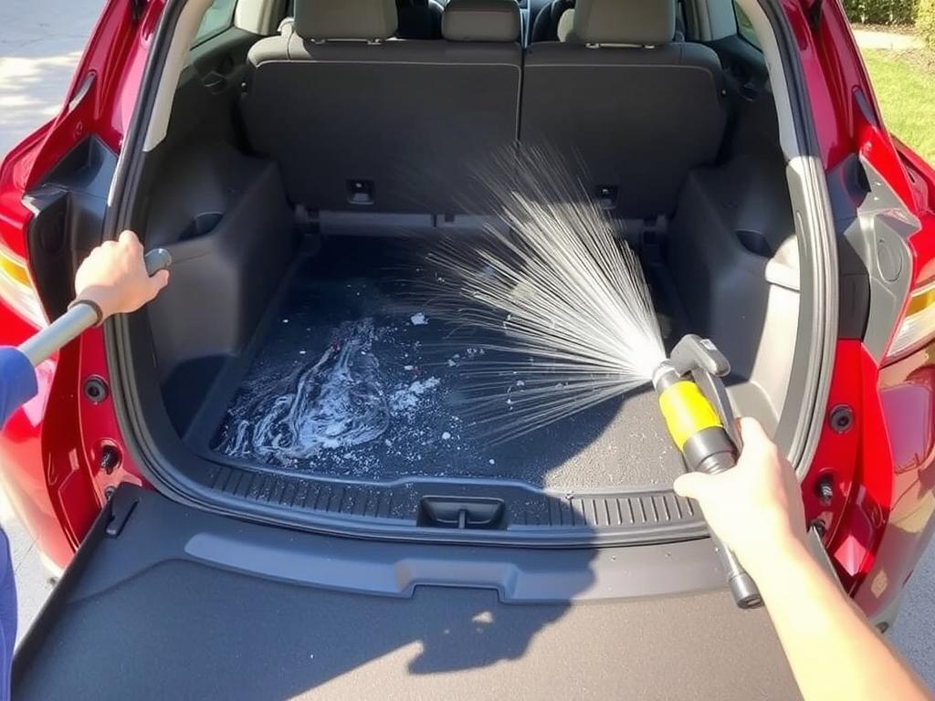 Cleaning a Toyota Corolla cargo liner with water hose