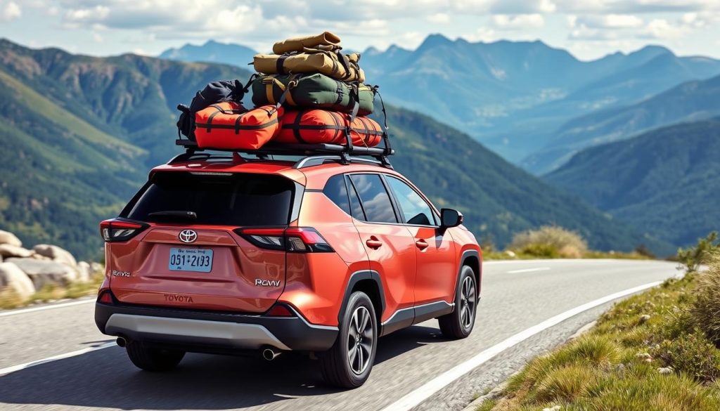 Toyota RAV4 with loaded roof rack on mountain road - best roof rack for Toyota RAV4 2025 review