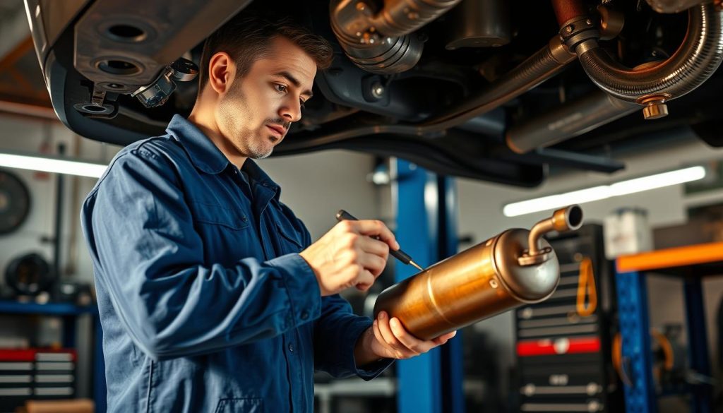 professional mechanic diagnosing catalytic converter