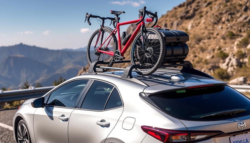 2025 Toyota Corolla with installed roof rack carrying outdoor equipment