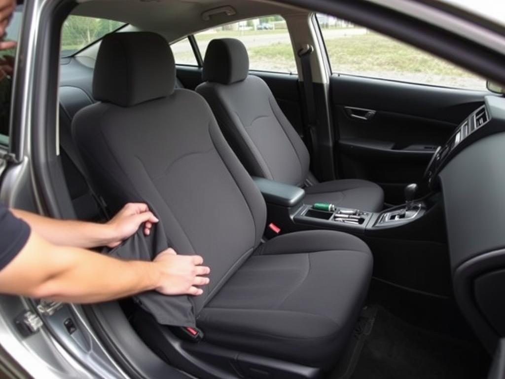 Author installing Toyota Prius seat covers during testing process