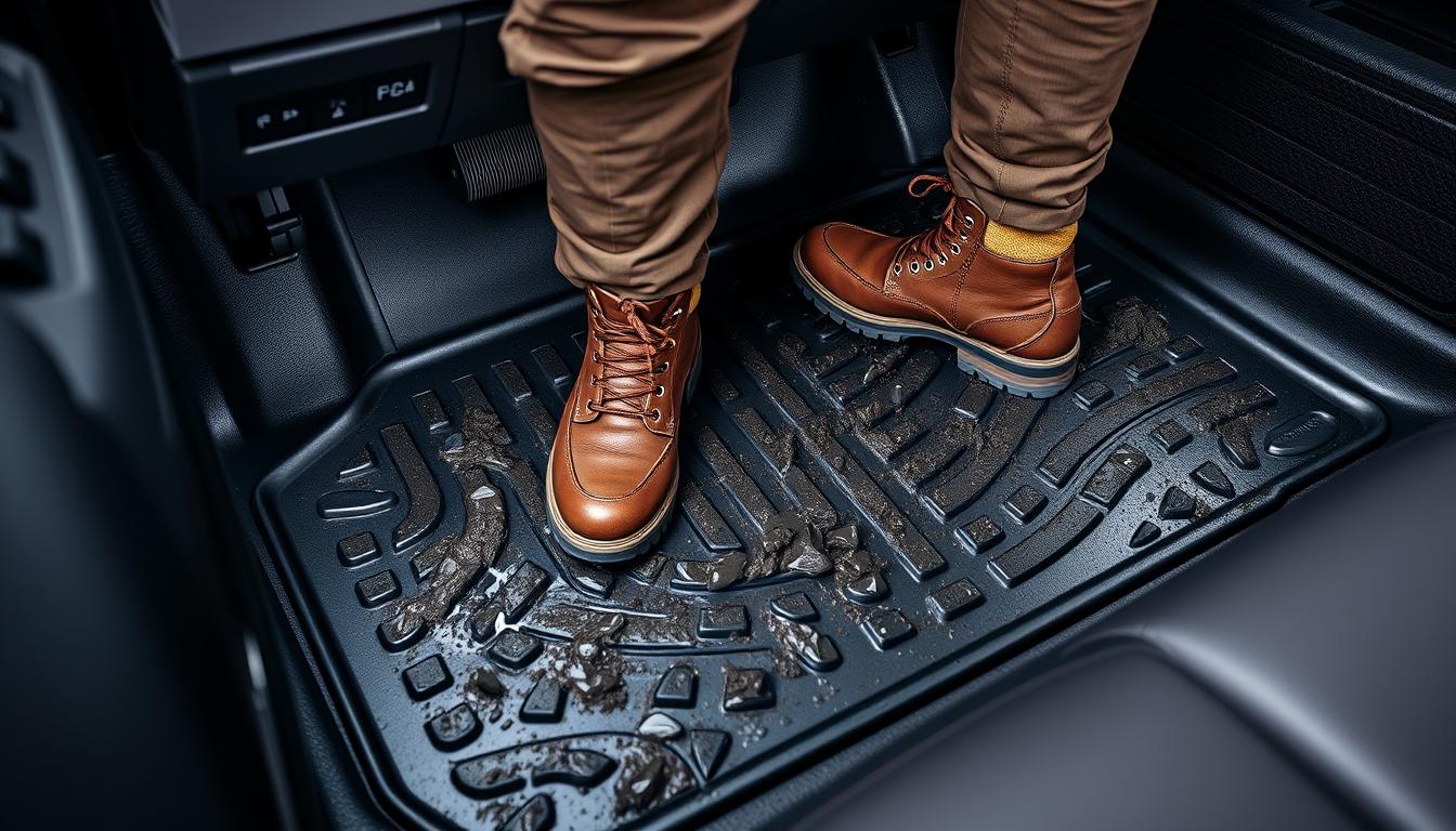Best floor mats for Toyota Tundra 2025 - muddy boots on WeatherTech floor mats