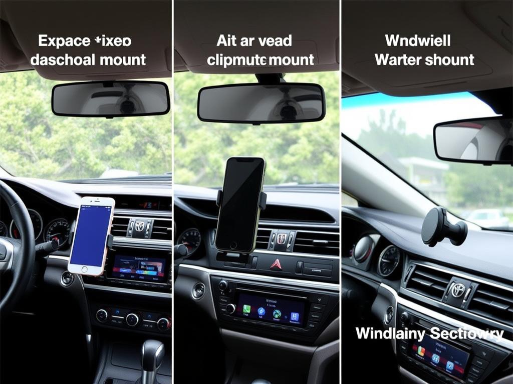 Different types of Toyota Camry phone mounts - dashboard, vent, and windshield options