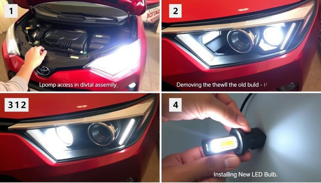 Step-by-step Toyota RAV4 LED headlight installation process showing the key steps