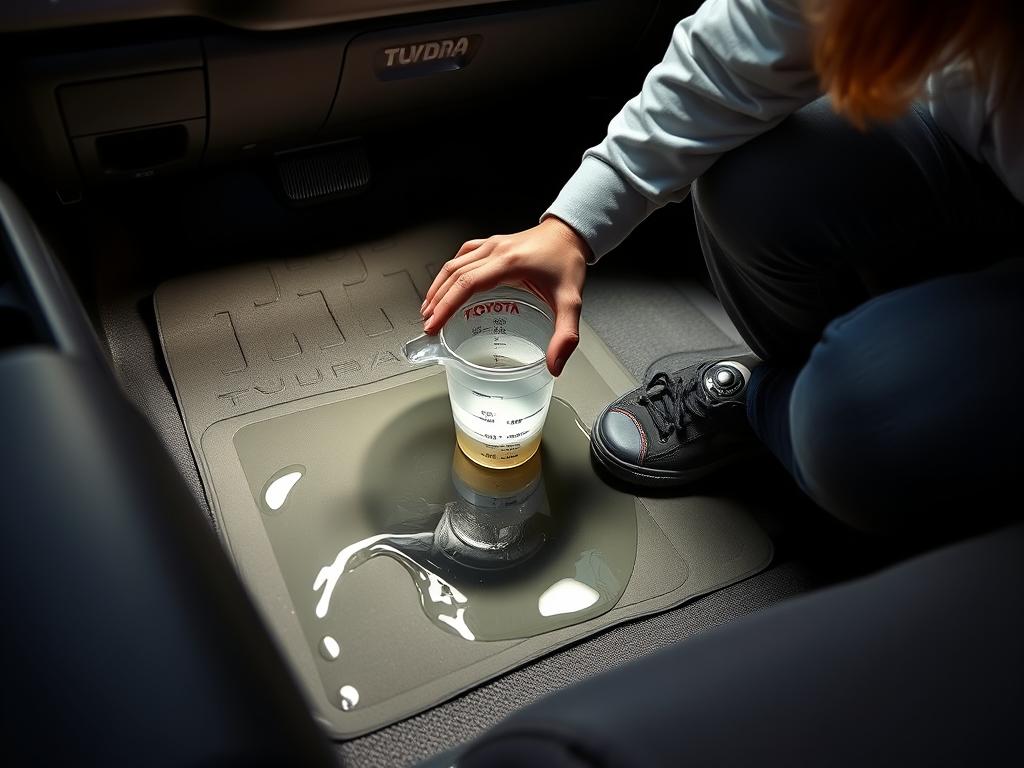 Testing floor mats for Toyota Tundra with water spill test