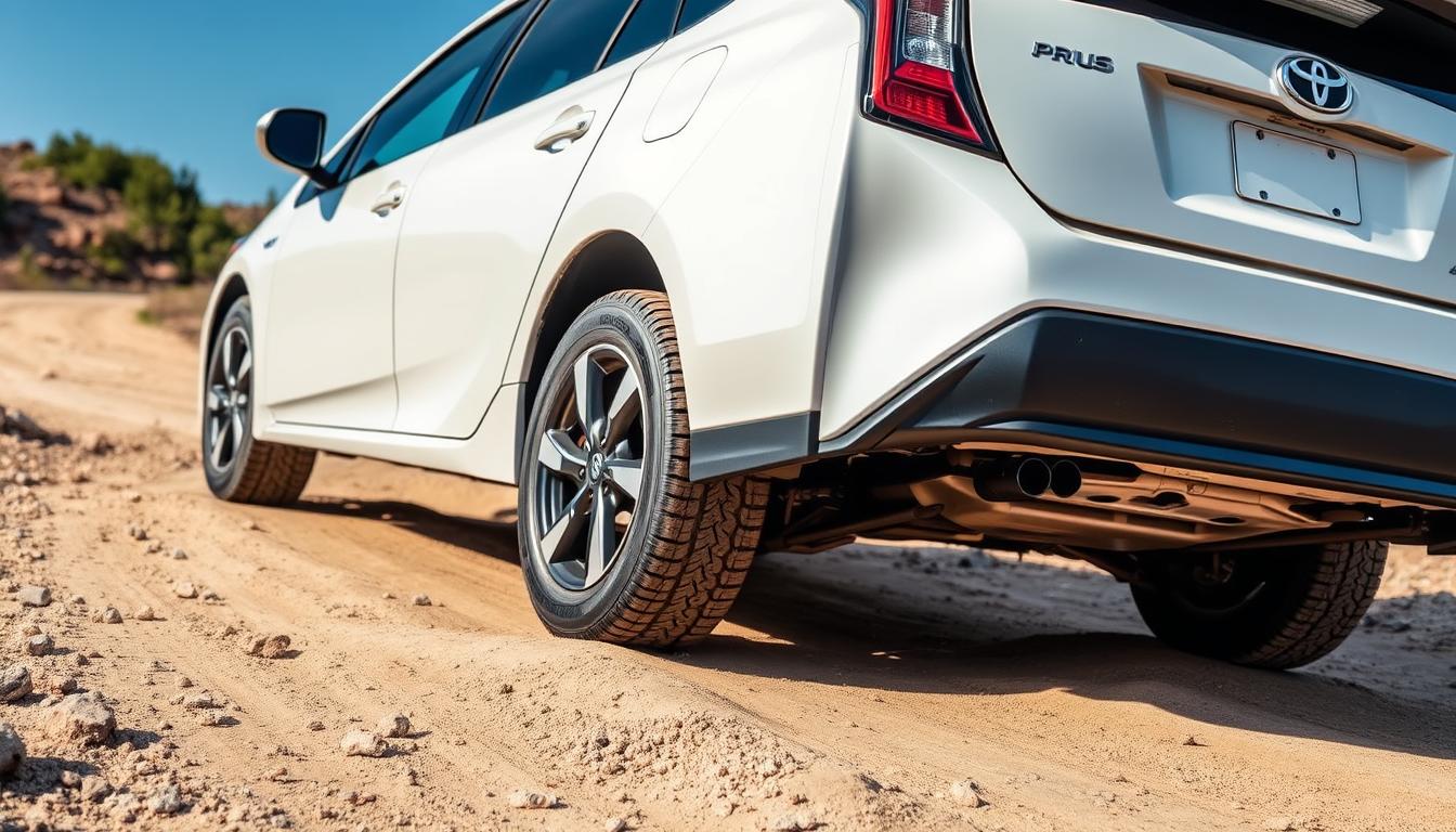 Toyota Prius with lift kit installed on off-road terrain - best Toyota Prius lift kit showcase