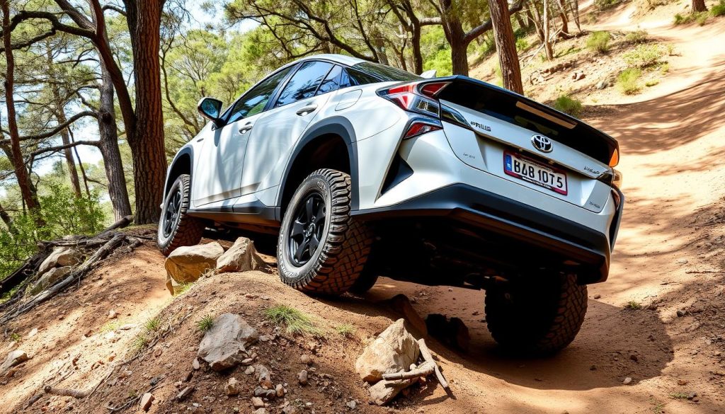 Toyota Prius with lift kit navigating off-road terrain - Toyota Prius lift kit benefits demonstration
