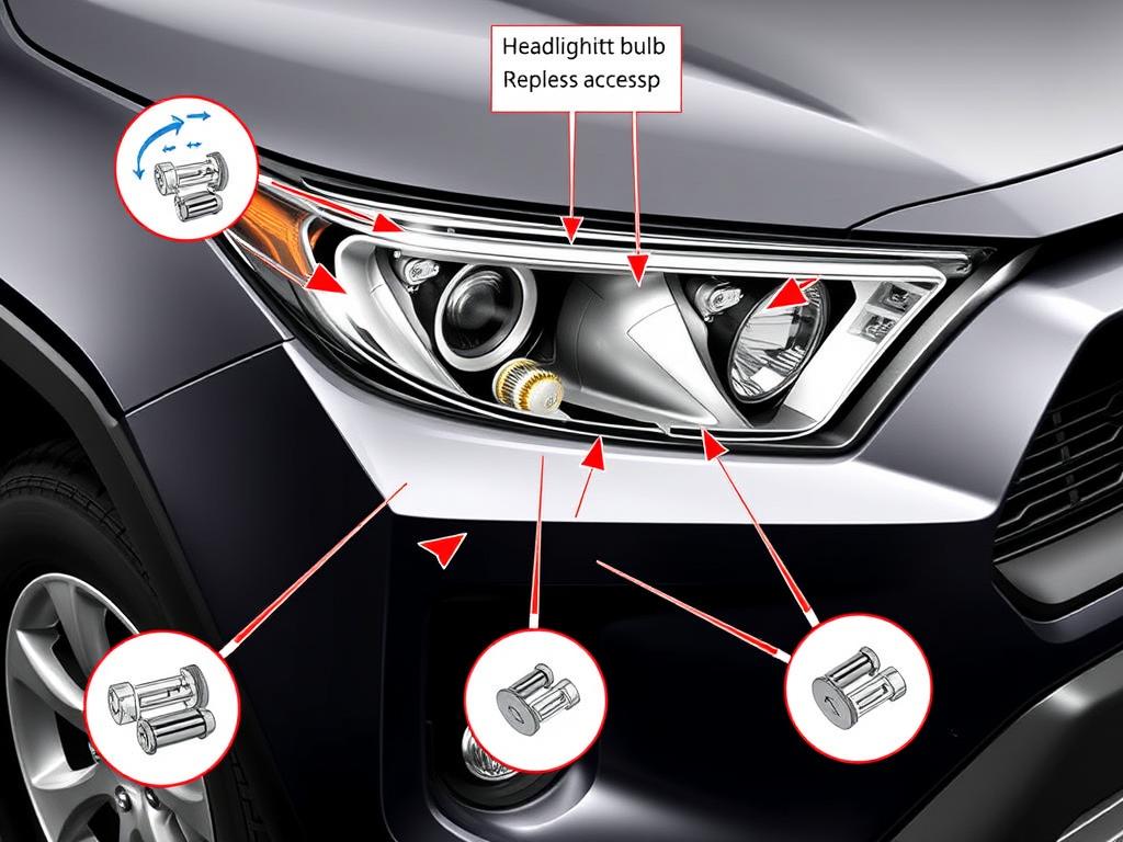 Toyota RAV4 headlight bulb locations diagram showing how to access and replace LED headlights