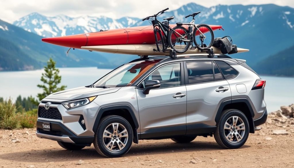 Toyota RAV4 with Yakima BaseLine roof rack loaded with outdoor gear