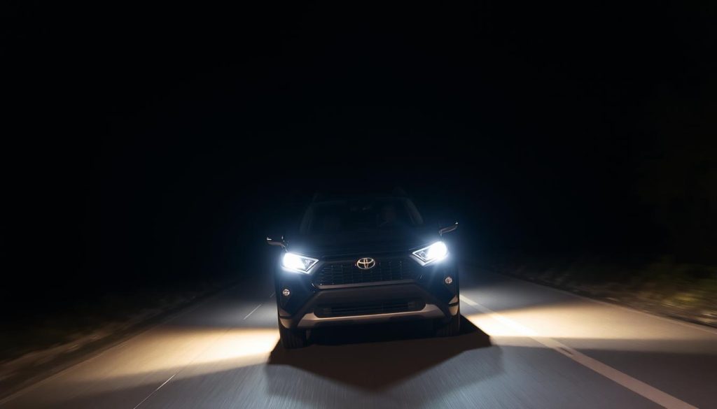 Toyota RAV4 with upgraded LED headlights illuminating a dark road - best Toyota RAV4 LED headlights 2025 review