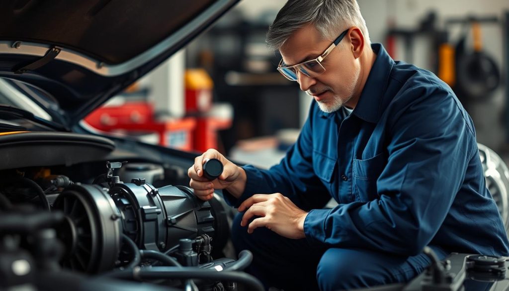 Toyota transmission specialist inspecting transmission fluid